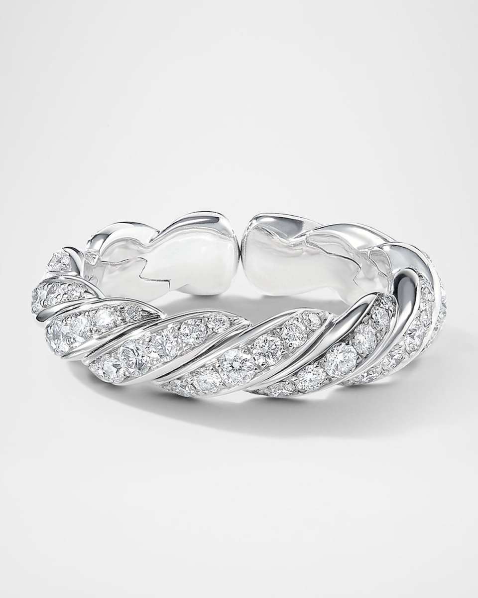 Sculpted Cable Flex Band Ring in 18K White Gold with Diamonds, 5mm